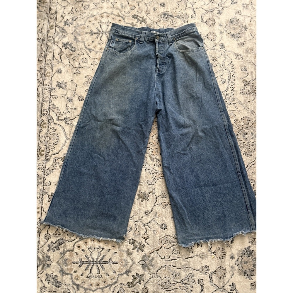 Kikwear Wide-Leg Vintage Blue Denim Jeans Logo Accents Button Fly Men 34